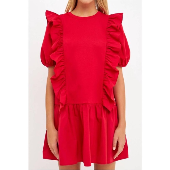 English Factory Cherry Red Mixed Media with Ruffles Puff Sleeve Mini Dress Sz XS - Picture 4 of 9
